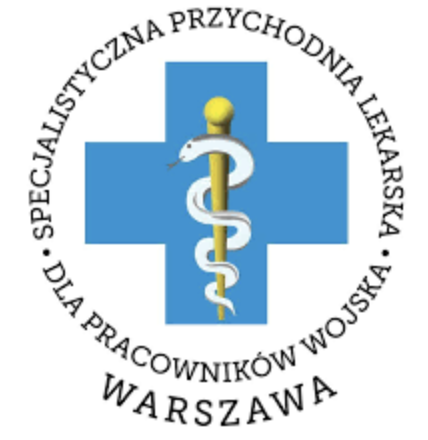 Logo Specjalistycznej Przychodni Lekarskiej dla Pracowników Wojska SPZOZ w Warszawie - wąż eskulapa owinięty wokół niebieskiego krzyża na białym tle