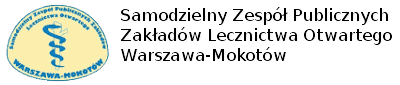Logo ZOZ Mokotów - po lewej stronie, niebieska laska eskulapa z owiniętym wężem na żółtym tle. Po prawej stronie napis Samodzielny Zespół Publicznych Zakładów Lecznictwa Otwartego Warszawa-Mokotów